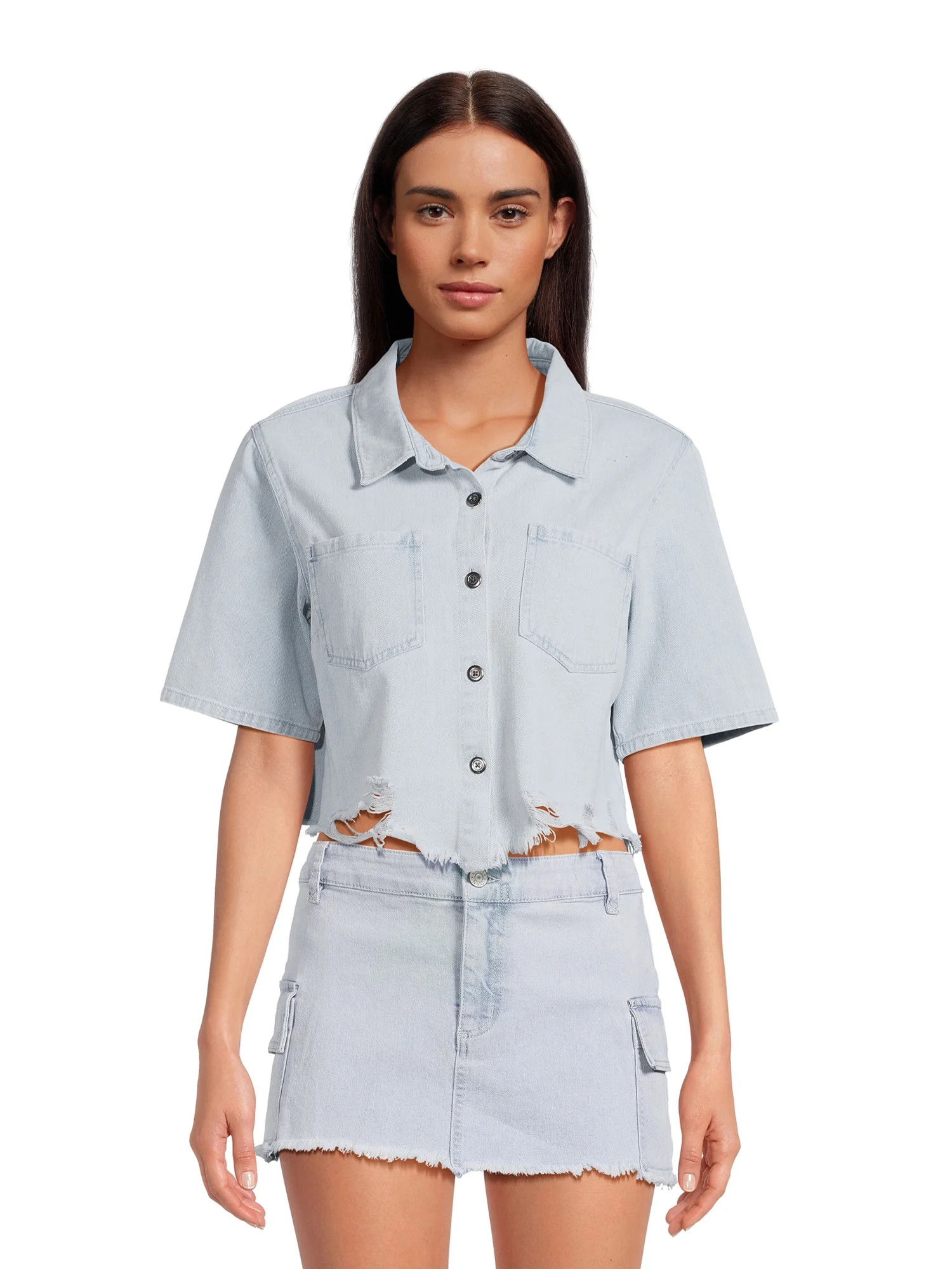 Madden NYC Juniors Cropped Denim Shirt with Destructed Hem - Walmart.com | Walmart (US)