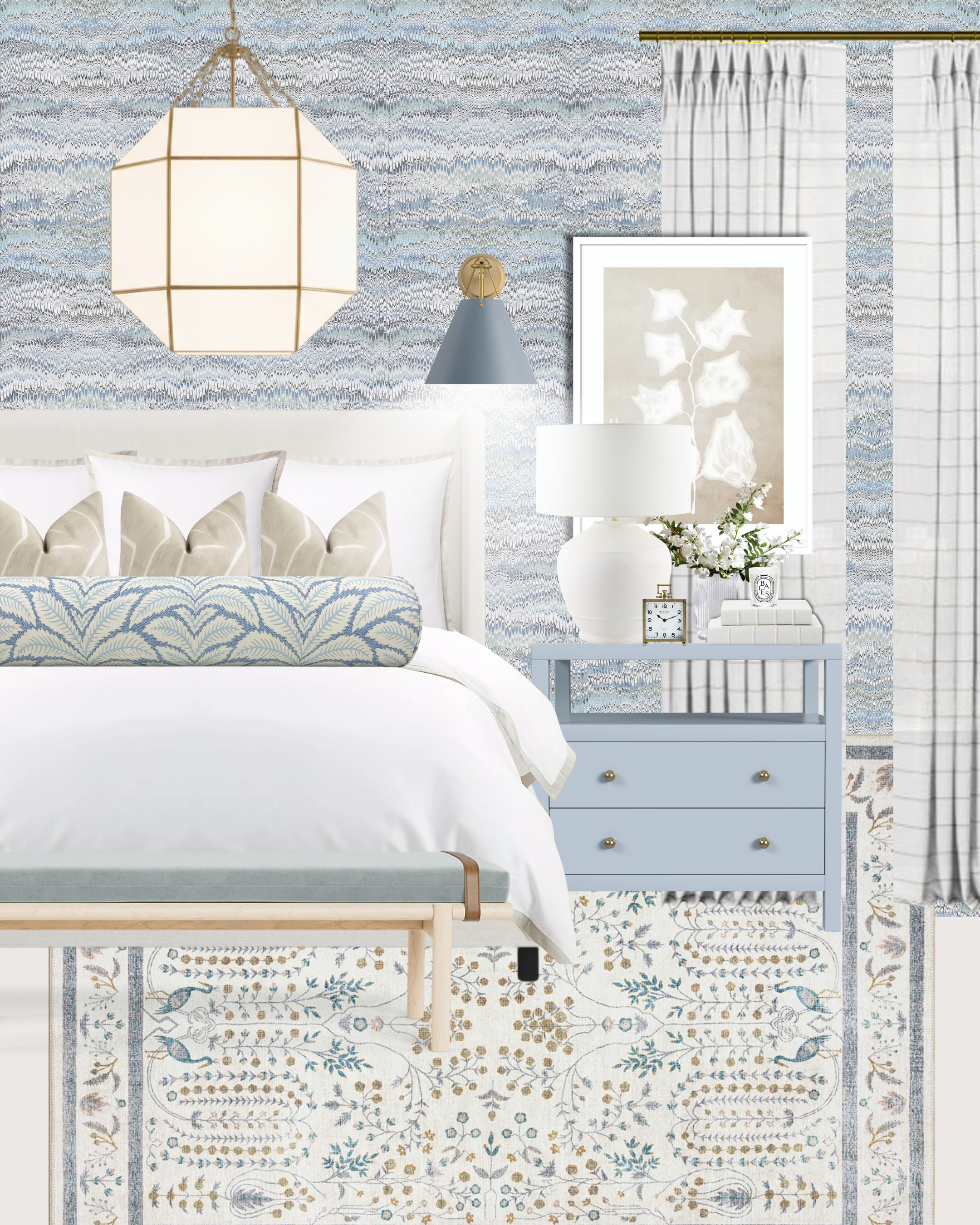 Powder blue, but make it polished.

This is what happens when pattern mixing is intentional.
Textured wallpaper + structured florals + crisp white bedding + warm brass = quietly elevated.

It’s classic without feeling dated.
Layered without feeling busy.
Soft without feeling sweet.

Proof that blue doesn’t have to be coastal — it can be refined, tailored, and timeless.

Would you use wallpaper like this in a bedroom? 

 #LTKHome