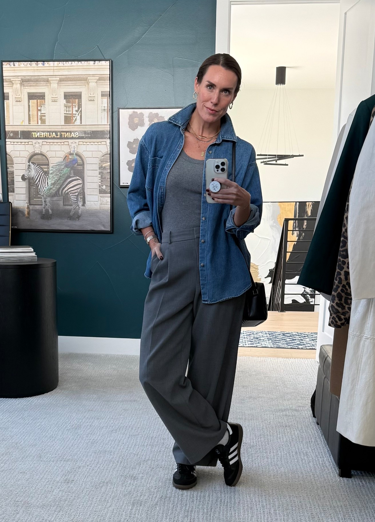 Casual cool comfy outfit. Pairing the denim with gray tones, and black finishing touches. Trousers, chic sneakers, elevated accessories. 