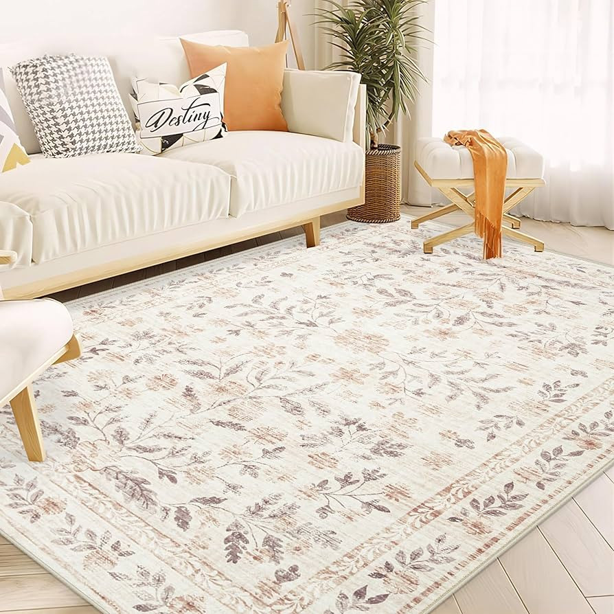 Amazon.com: Rugs for Living Room 6x9 Rug, Washable Floral Boho Area Rug Non Slip Soft Low Pile La... | Amazon (US)