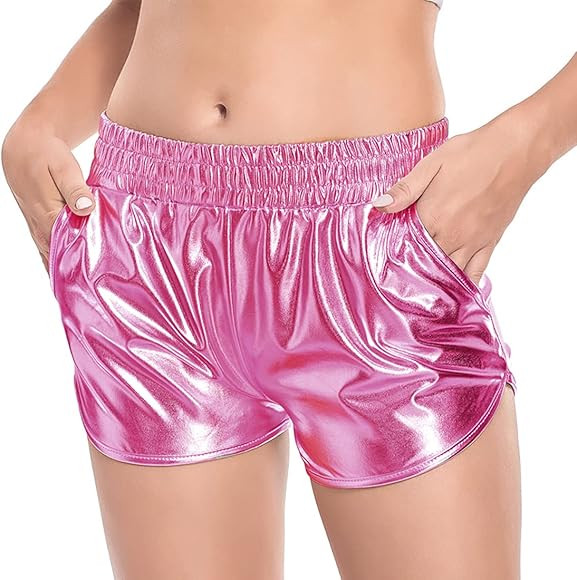 Fenyong Women's Metallic Shorts Shiny Pants with Elastic Waist Hot Rave Dance | Amazon (US)