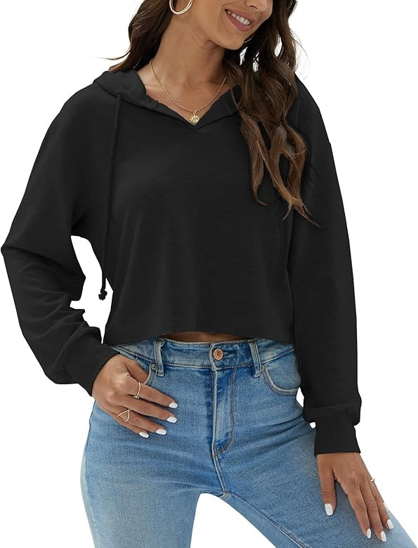 Newffr Women's Casual Long Sleeve Drawstring Cropped Hoodie Solid V Neck Workout Crop Sweatshirt ... | Amazon (US)