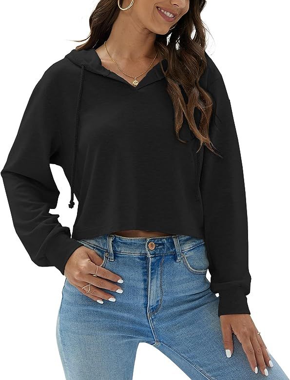 Newffr Women's Casual Long Sleeve Drawstring Cropped Hoodie Solid V Neck Workout Crop Sweatshirt ... | Amazon (US)