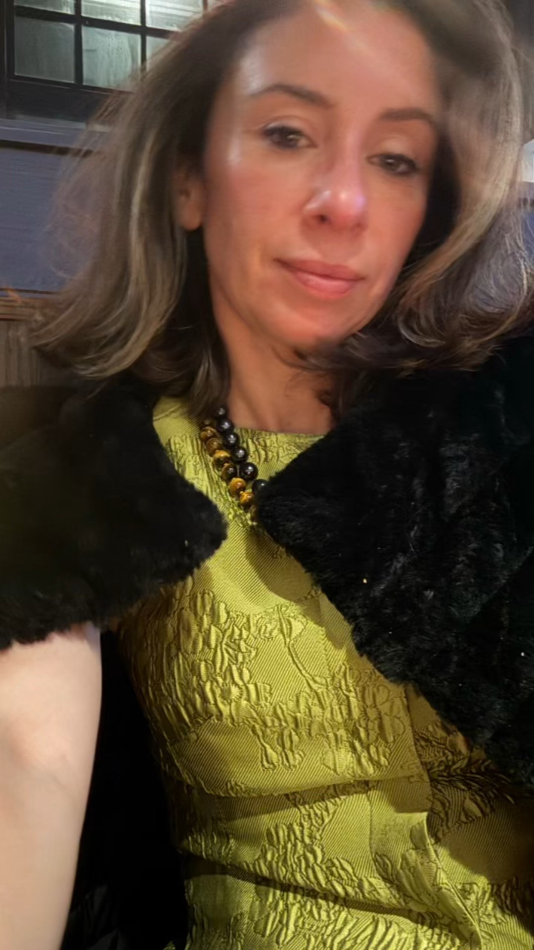 A holiday dinner out with Tuckernuck brocade chartreuse vest