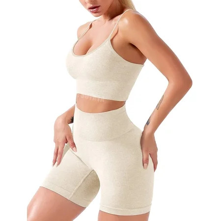 Workout Sets for Women 2 Piece Seamless Yoga Outfits Sports Bra + Shorts Set Tracksuits | Walmart (US)