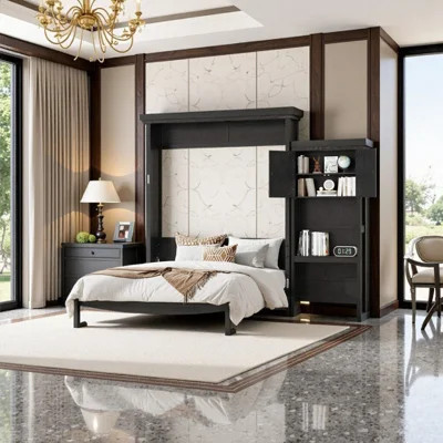 Queen Size Murphy Bed With Storage Shelves And Louvered Design, Space-Saving Furniture | Wayfair North America