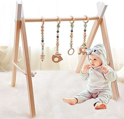 Baby Wood Gym with 4 Wooden Gym Toys Baby Teethers,Stable and Foldable Gym Frame Wood Activity Gy... | Amazon (US)