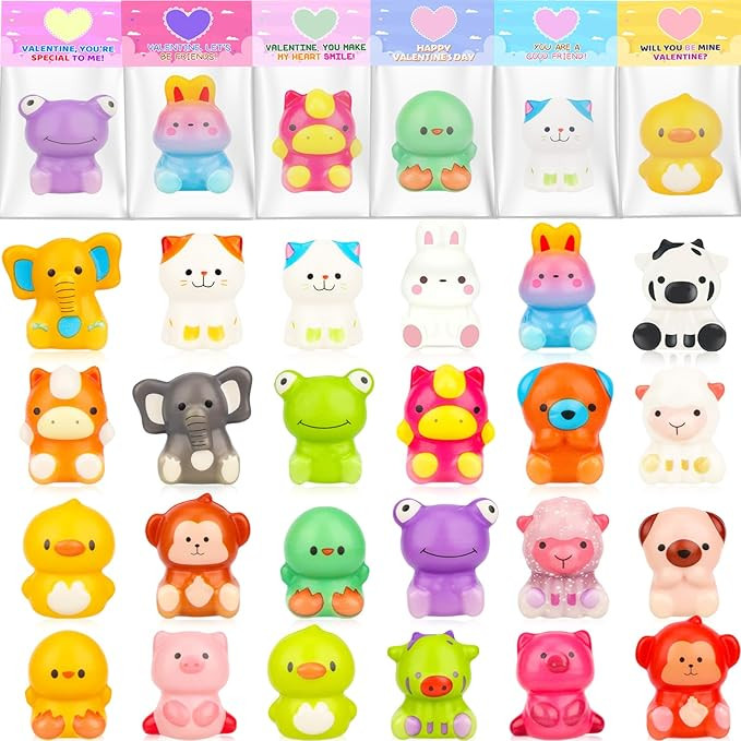 Valentines Gifts for Kids, 24PCS Valentine Cards for Kids Classroom with Animal Squishy Toys, Val... | Amazon (US)