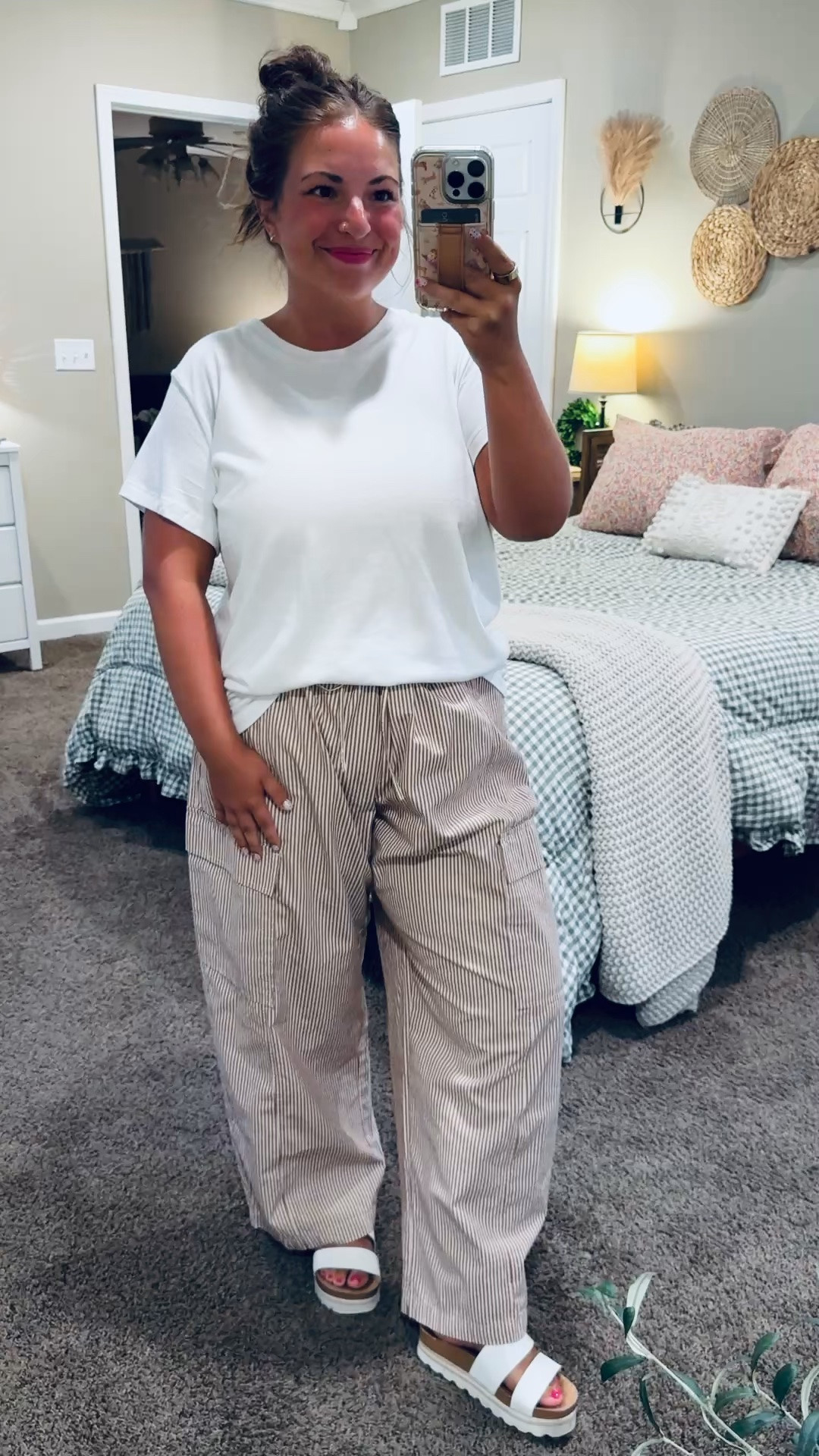 🤍 These striped pants from Target are such a fun classroom staple! They're comfortable & easy to pair with a simple tee, tank, or sweater for an effortless school-day look. 🍎✨

sandals: fit true to size // wearing a 5
pants: fit a tad oversized // wearing a large
tee: fits true to size // wearing a large 

 #LTKootd #LTKMidsize #LTKWorkwear