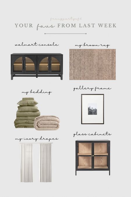 Your favorites (and mine) from last week. These were all top sellers - including the hard to grab Walmart console, my brown neutral rug (use code EXTRA15) to save, my green bedding and PB inspired quilt, my gallery frames, my ivory pinch pleat drapes, and my glass cabinet.

#LTKsalealert #LTKMostLoved #LTKhome
