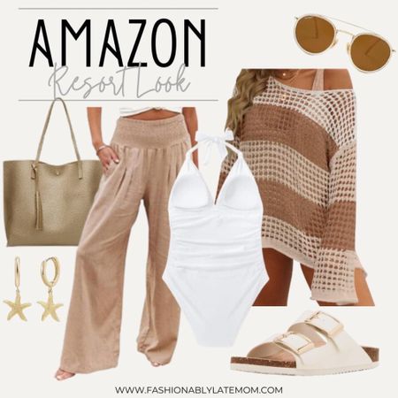 Amazon resort fashion! 
Fashionablylatemom 
One piece 
Sunglasses
Sandals 

#LTKswim #LTKshoecrush