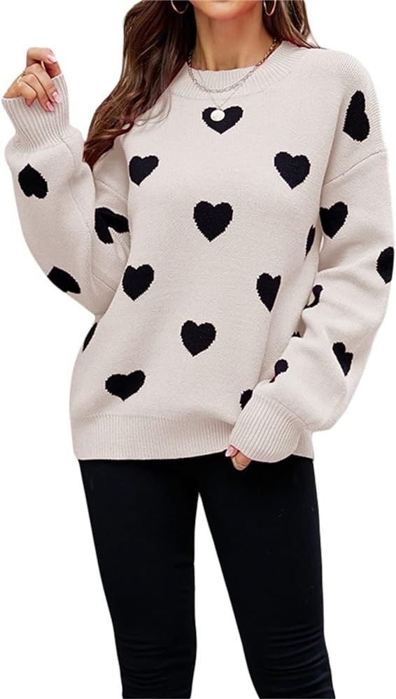 Women's Love Heart Pullover Sweaters Long Sleeve Crewneck Cute Sweater Knitted Casual Sweater | Amazon (US)