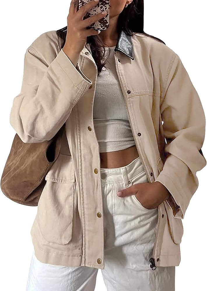 Barn Jackets for Women Contrast Collar Utility Jacket Zip Up Drawstring Waist Barn Coats 2025 wit... | Amazon (US)