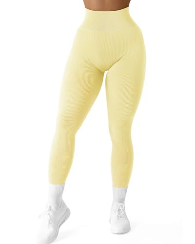SUUKSESS Women Ribbed Seamless Leggings High Waisted Tummy Control Workout Yoga Pants (Butter Yellow, M) | Amazon (US)