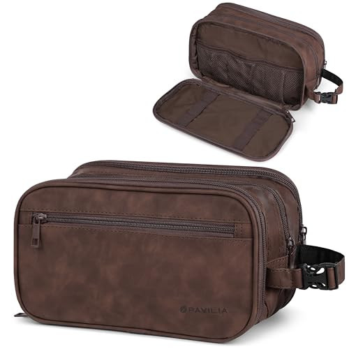 PAVILIA Toiletry Bag for Men, Travel Toiletries Bag | Water-resistant Dopp Kit, PU Leather Shaving Pouch Organizer for Accessories, Cosmetic, Hygiene, Grooming Essentials (XL, Dark Brown) | Amazon (US)