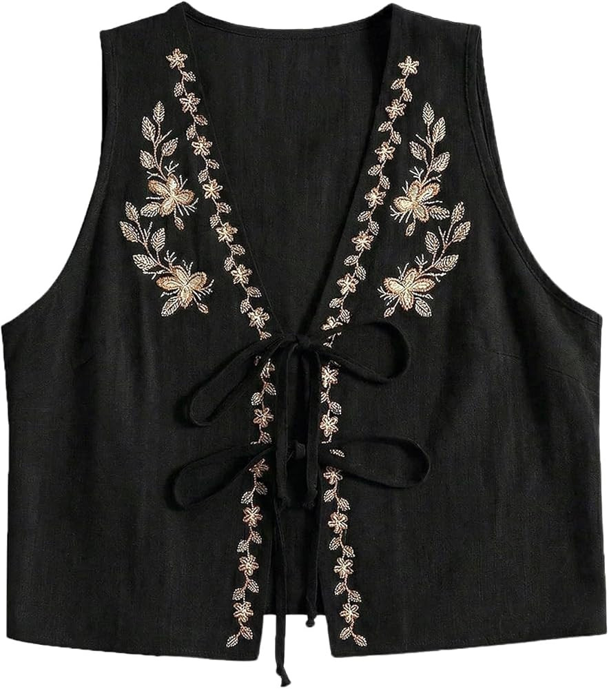 WDIRARA Women's Boho Floral Embroidery V Neck Tank Top Tie Front Sleeveless Tops | Amazon (US)
