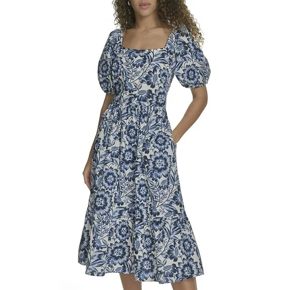 Falling Flowers Women's Cotton Square Neck Puff Sleeve Flounce Tiered Midi Dress, Sizes XS-XL | Walmart (US)