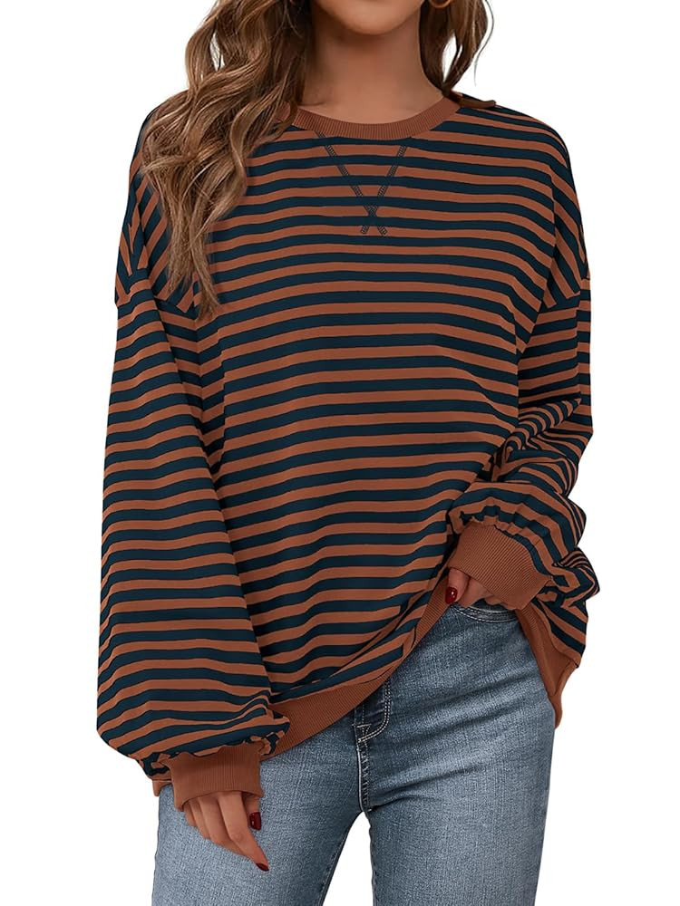 PRETTYGARDEN Womens Striped Oversized Sweatshirt Color Block Crew Neck Long Sleeve Casual Loose P... | Amazon (US)