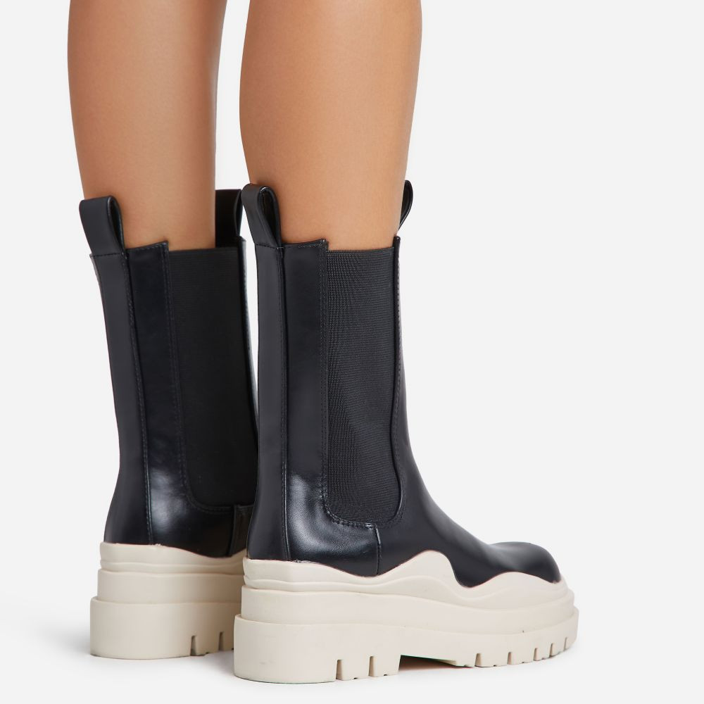 Energy Cream Chunky Sole Ankle Chelsea Biker Boot In Black Faux Leather | EGO Shoes (US & Canada)