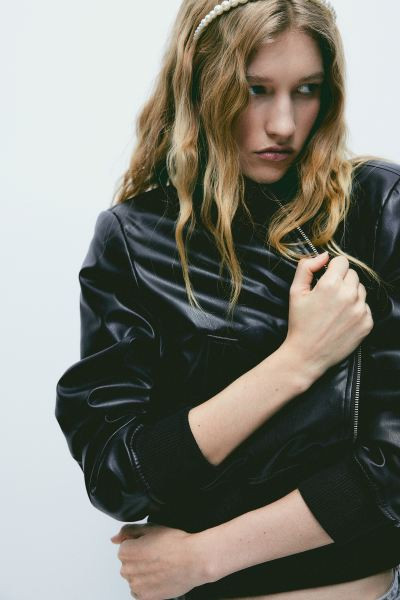 Coated Bomber Jacket with Shoulder Pads - Black - Ladies | H&M US | H&M (US + CA)