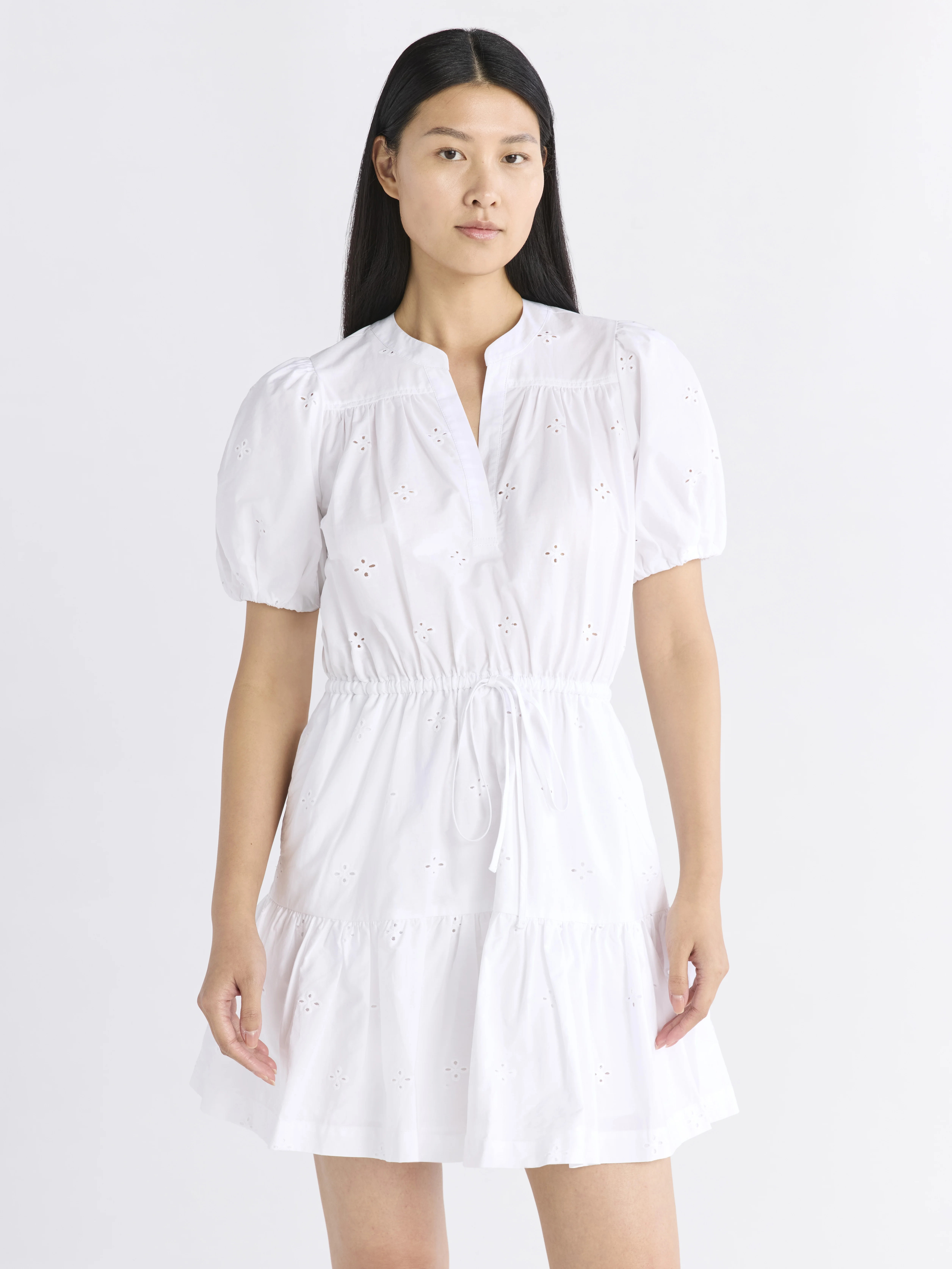 Free Assembly Women's and Women's Plus Cotton Eyelet Tiered Mini Dress with Puff Sleeves, Sizes X... | Walmart (US)