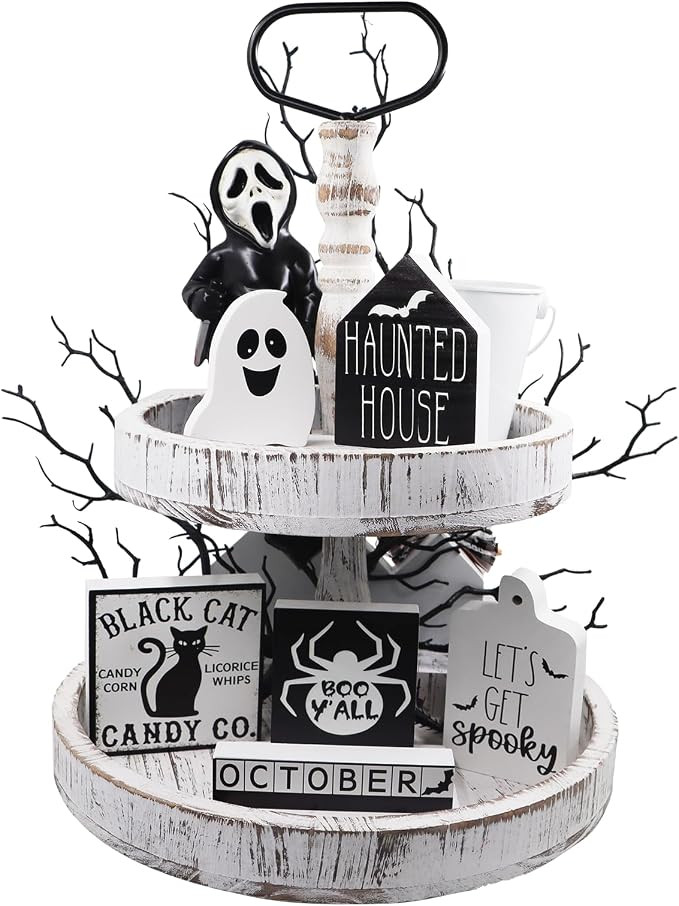 MISBEST Halloween Tiered Tray Decor,Halloween Decorations Hunted House Black Cat BOO Spooky Hallowee | Amazon (US)