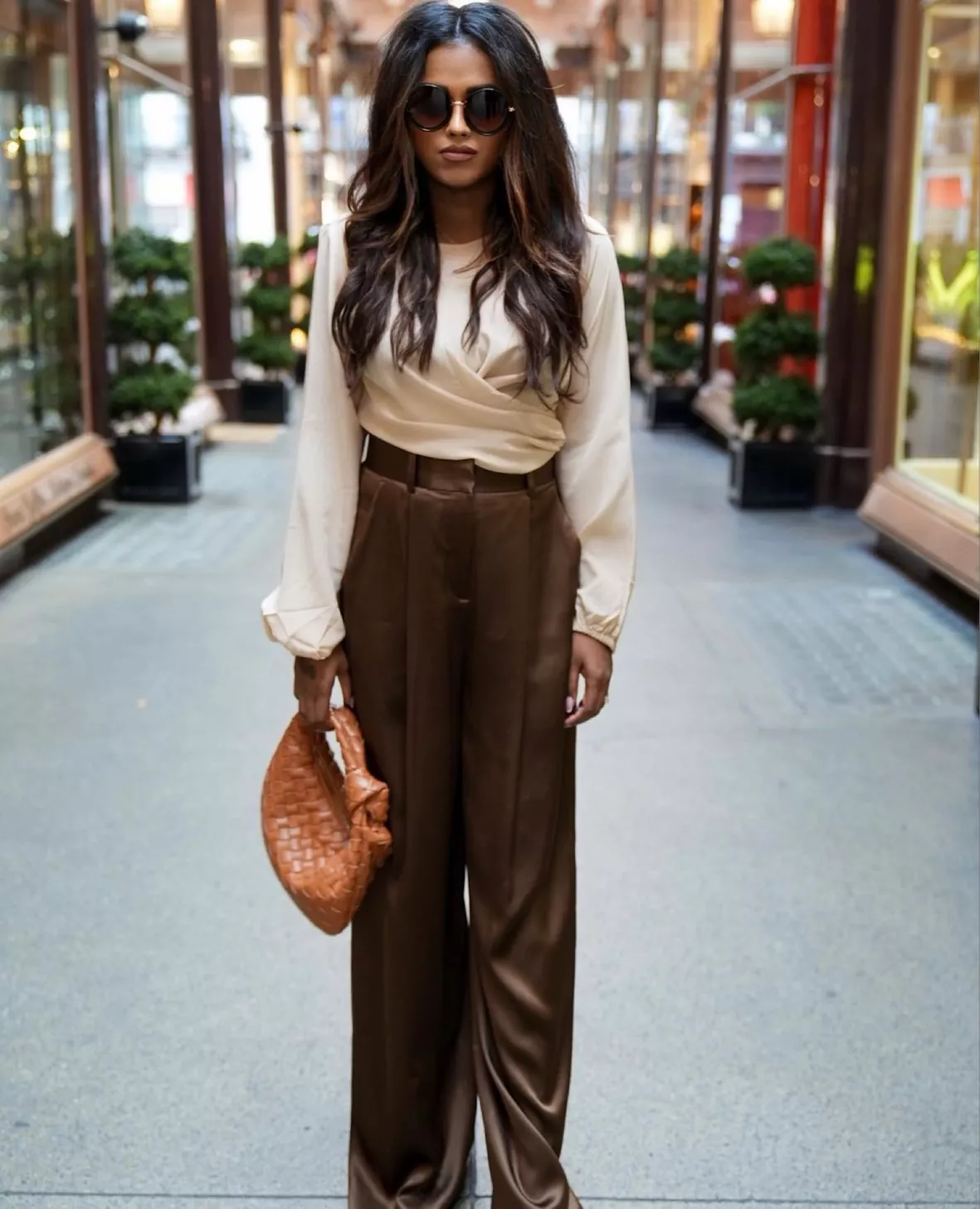 brown silk top outfit