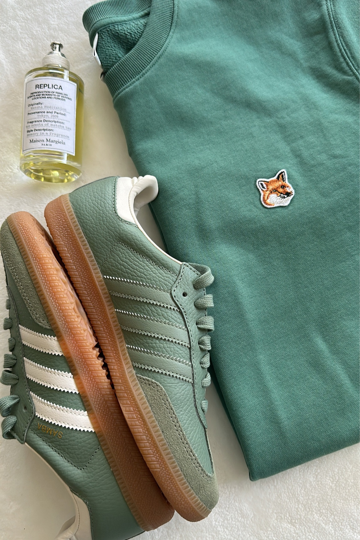 Adidas Samba in Sage green
Maison Kitsune Sweatshirt 
Maison Margiela Matcha perfume 

#LTKstyletip #LTKHolidaySale #LTKshoecrush