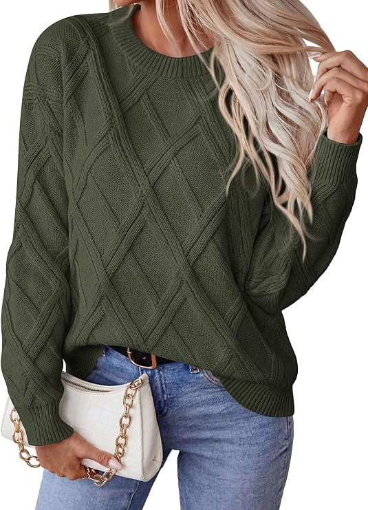 Women's Long Sleeve Sweaters Crewneck Cable Knit Pullover | Cute Knitted,Loose Fit Daily Wear,Bus... | Amazon (US)