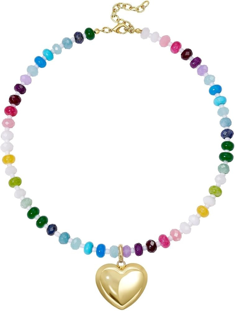 KissYan Beaded Necklaces for Women, Colorful Boho Bead Choker With Bubble Puffy Heart Pendant, Na... | Amazon (US)