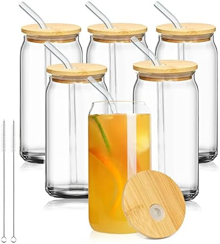 LMHEJING 6 Pieces 16oz Beer Can Glass with Lids and Straw, Can Shaped Glass Cups Glass Cups Beer ... | Amazon (US)