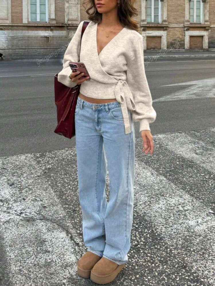 2025 Autumn/Winter Wrap Tie Knit Sweater, White, Women's Essential For Home, Commute, Date, Travel, Suitable For Various Occasions, Light Gray | SHEIN
