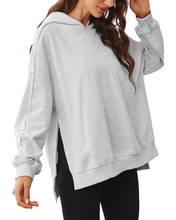 Glamaker Women's Oversized Hoodies Side Slit Zip Up Pullover Sweatshirt Casual Long Sleeve High L... | Amazon (US)