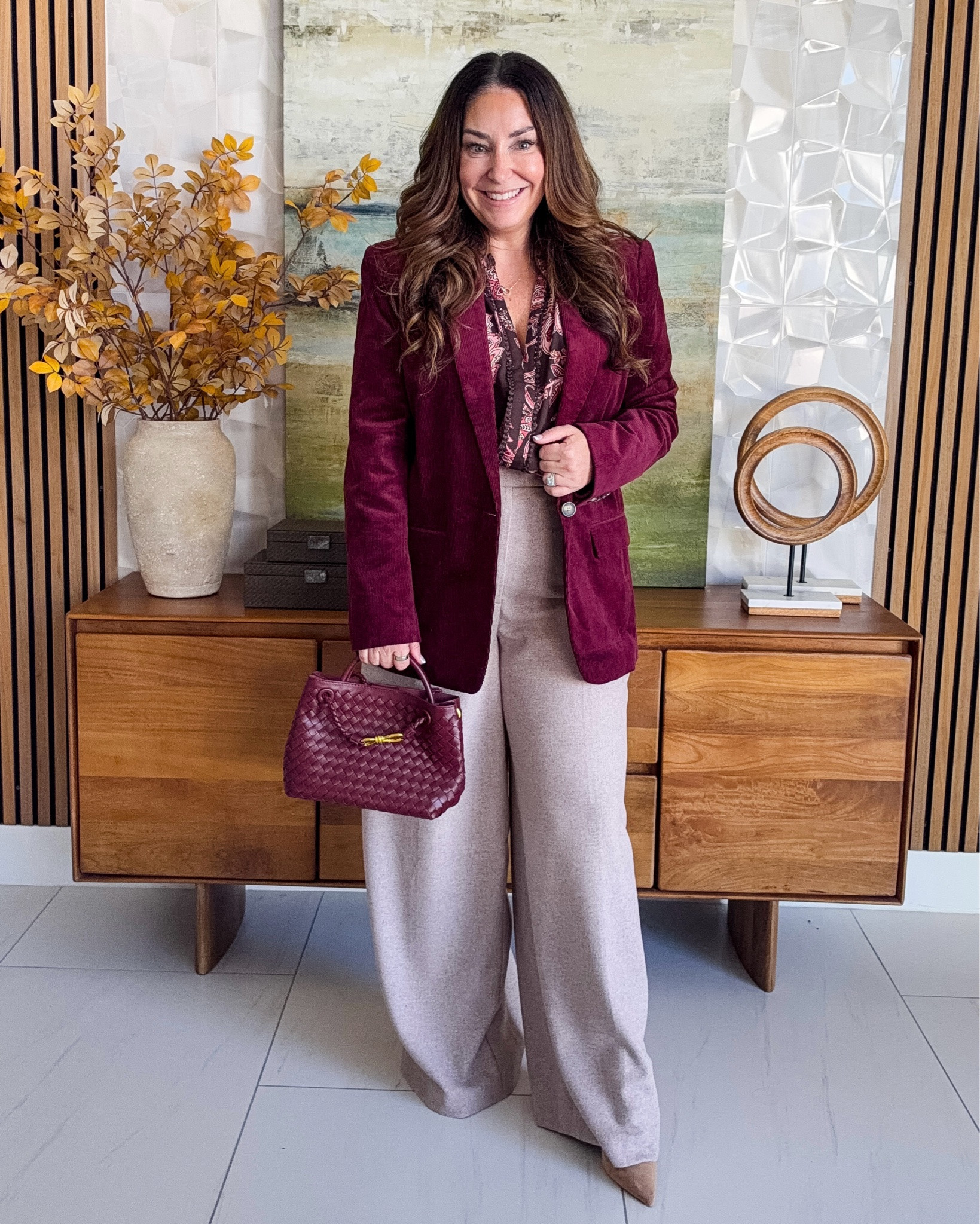 Burgundy velvet blazer + paisley blouse + wide-leg trousers 🍷 The velvet blazer makes this outfit feel so luxe! A woven top-handle bag ties in the rich wine tones perfectly ✨

Sizing: Blazer | Blouse | Pants | Shoes 

 #LTKover40 #LTKstyletip #LTKmidsize #LTKworkwear