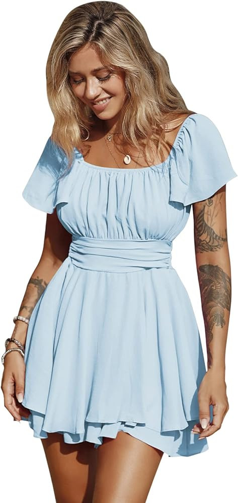EXLURA Women's 2026 Summer Ruffle Short Sleeve Tie Back Romper Dress Square Neck A Line Cute Dres... | Amazon (US)