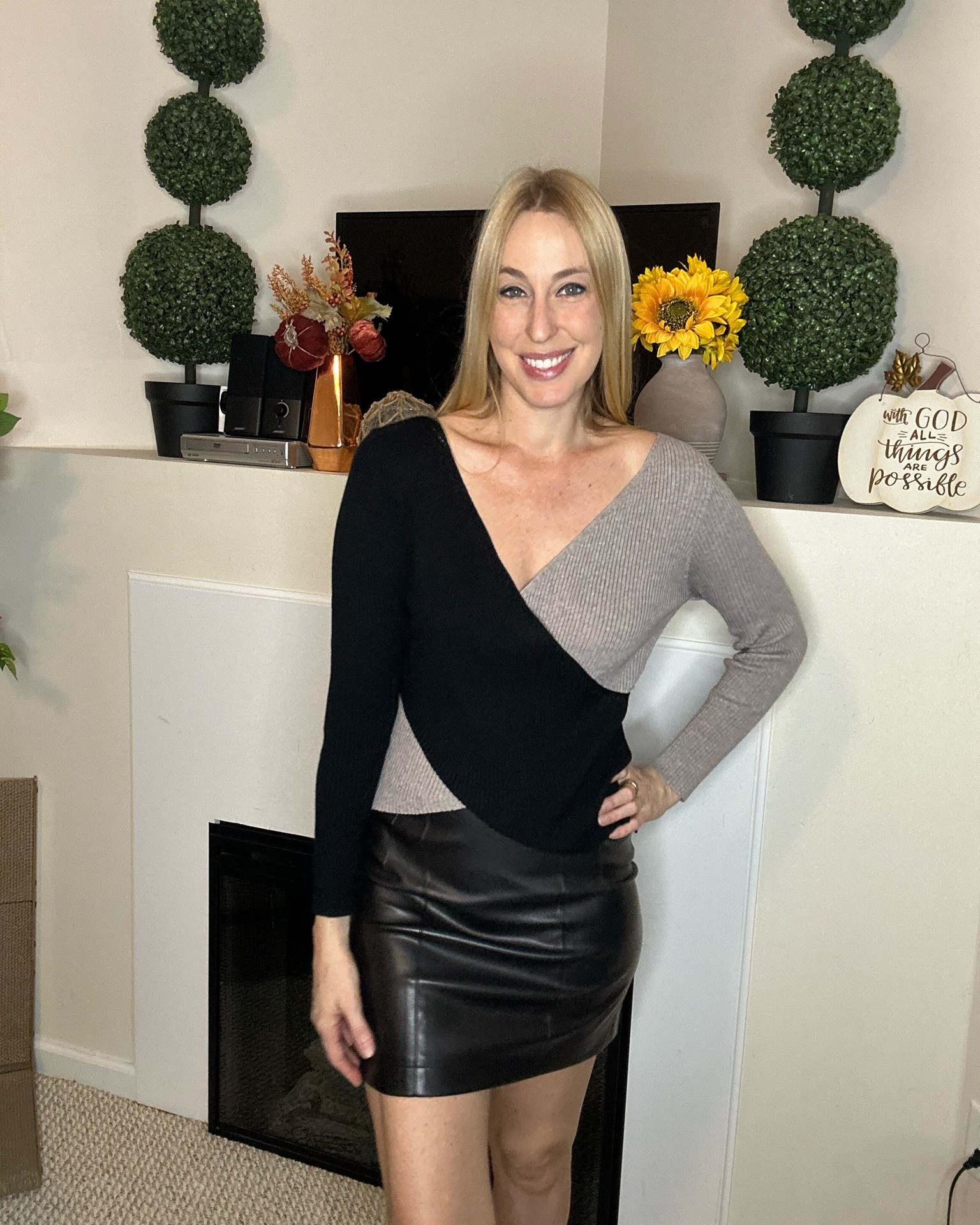 Cozy date night outfit for fall
🖤 the sweater is comfortable and so soft   
🖤I love this skirt and will be wearing it so much this fall
🖤fits true to size, wearing size small and I am 5’10”
🖤 Amazon fashion find under 50