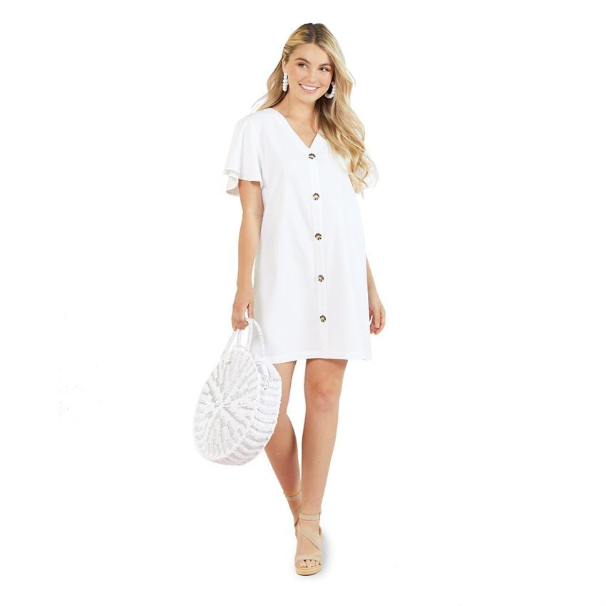 Eva Button Front Flutter Dress in White | Mud Pie (US)