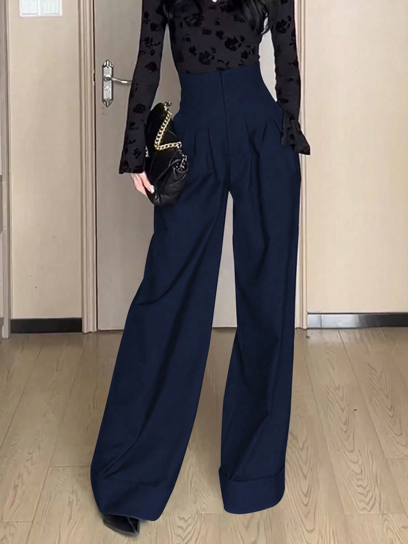 SHEIN Raffinéa Women's Solid Color Pleated Wide Leg Pants For Daily Wear | SHEIN