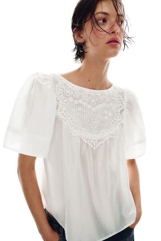 SHORT SLEEVE EMBROIDERED BLOUSE | Zara US