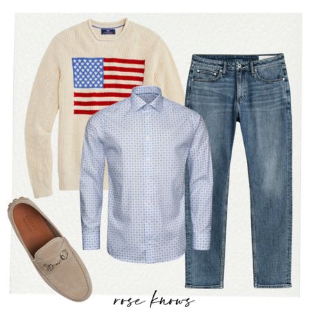American flag sweater layered dress shirt and great jeans for your guy! Love those Gucci mocs too!

#LTKShoeCrush #LTKGiftGuide #LTKMens