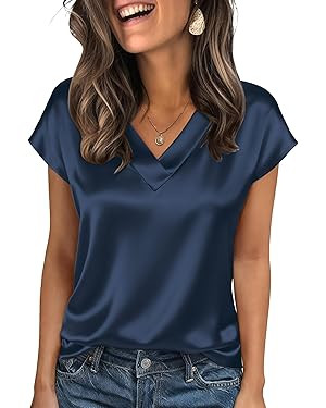 Zeagoo Women Silk Stain Tops Cap Short Sleeve Blouse V Neck Shirts Business Casual Outfits S-2XL | Amazon (US)
