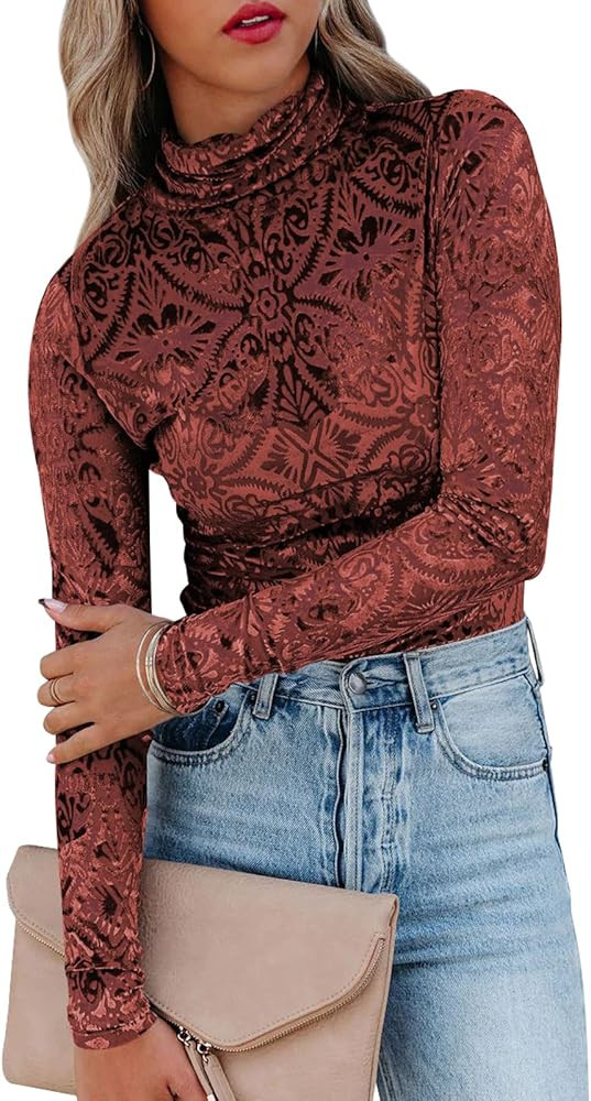 miduo Womens Slim Fit Velvet Burnout Mesh Top Turtleneck Long Sleeve Semi-Sheer Shirt Blouses Top... | Amazon (US)