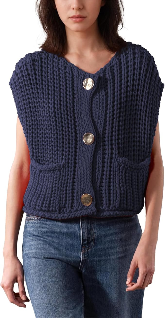 Ainangua Sleeveless Cropped Cardigan for Women Casual Chunky Knit Tank Tops Button Down Open Fron... | Amazon (US)
