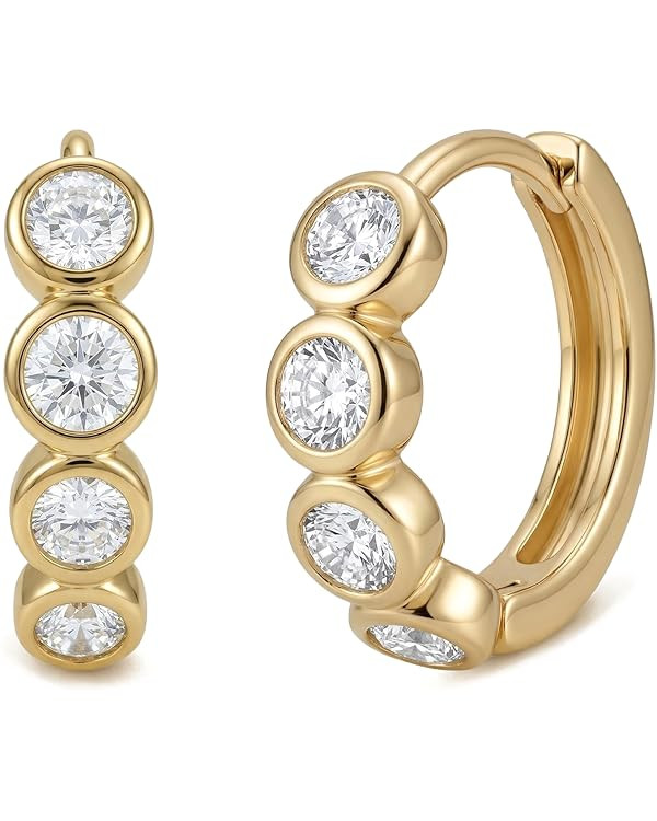 Earrings for Women Gold Huggie Hoop Cubic Zirconia 14K Small Simple Hypoallergenic Everyday Jewel... | Amazon (US)