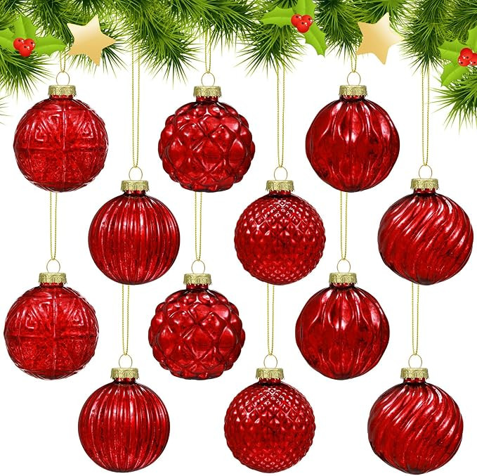 Jenaai 12 Pcs 2.36 Inch Red Glass Christmas Ball Ornaments Vintage Christmas Tree Decorations Mer... | Amazon (US)