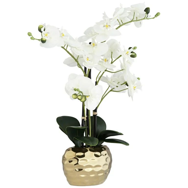 Dahlia Studios Potted Faux Artificial Flowers Realistic White Phalaenopsis Orchid in Gold Ceramic... | Walmart (US)