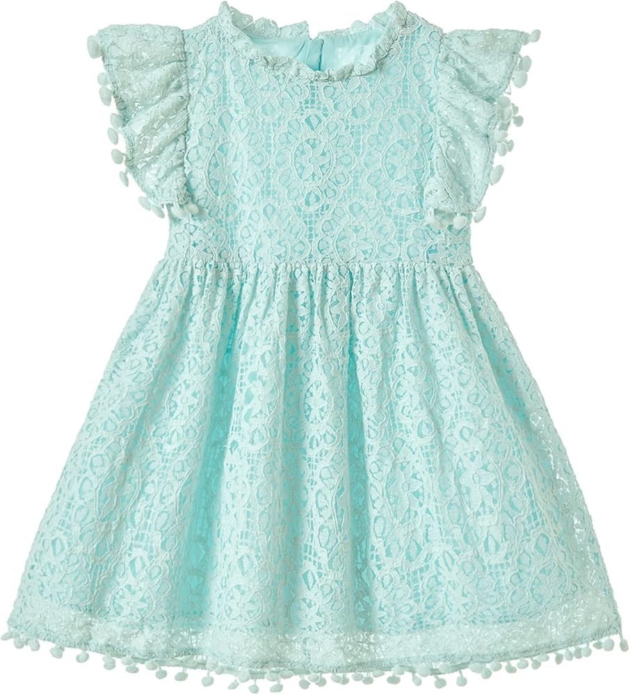Niyage Toddler Girls Elegant Lace Pom Pom Flutter Sleeve Party Princess Dress | Amazon (US)