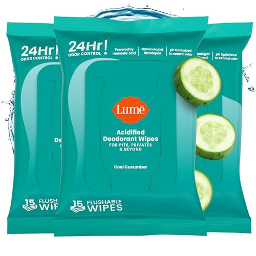 Lume Acidified Deodorant Wipes - 24 Hour Odor Control - Aluminum Free, Baking Soda Free, Skin Loving - Flushable - 15 Count (Pack of 3) (Cool Cucumber) | Amazon (US)