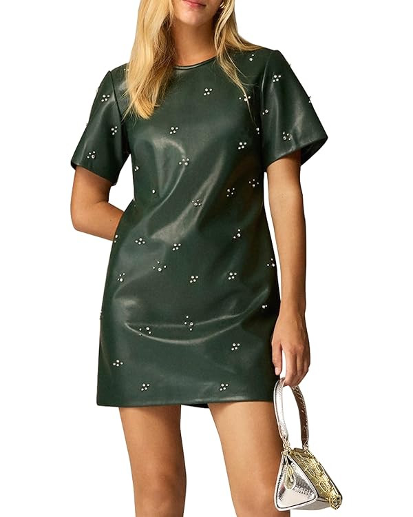 LifeShe Rhinestone Faux Leather Dress for Women Casual Short Sleeve Crew Neck Elegant A-line Mini... | Amazon (US)