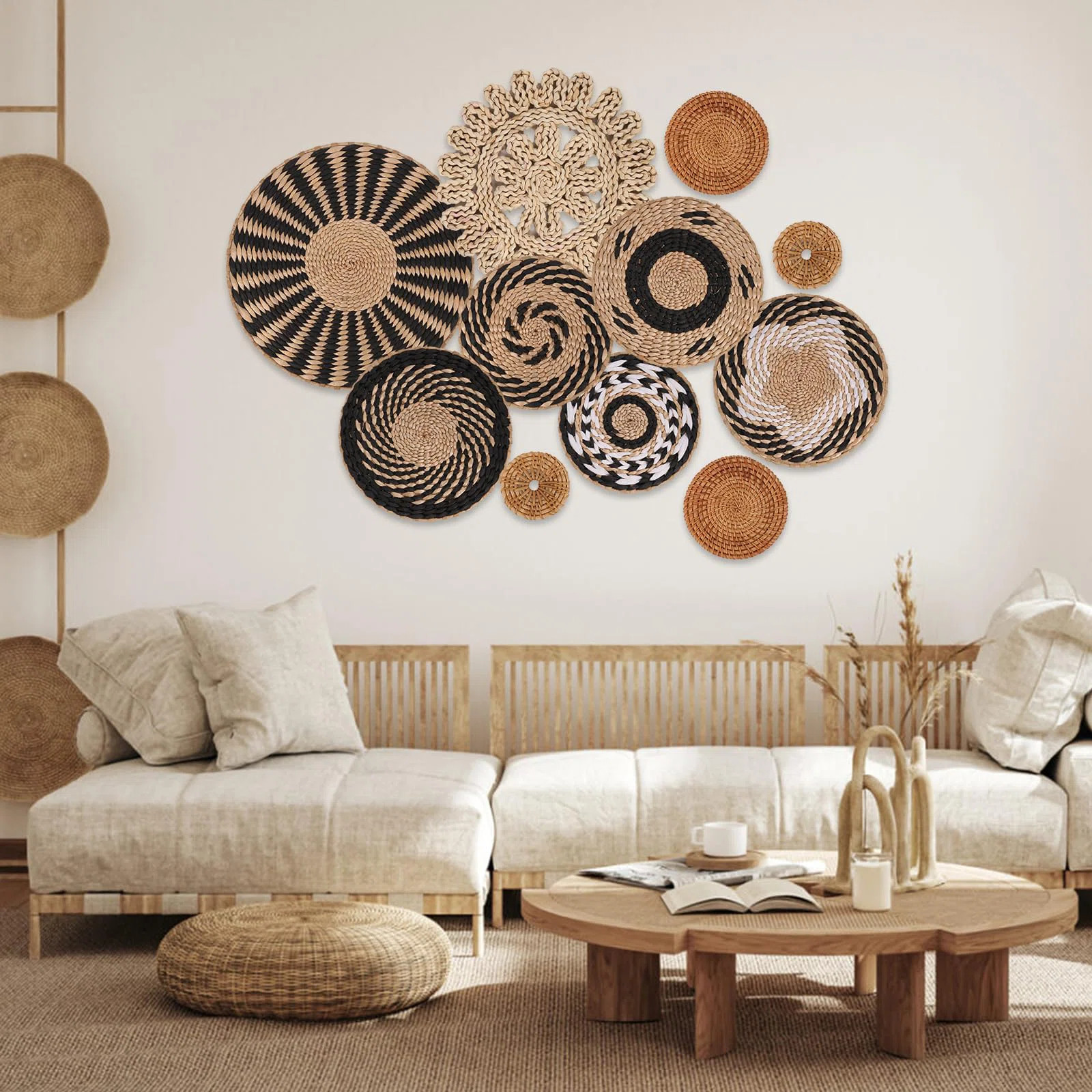 Boho Wall Basket Decor Set Of 11 - Hanging Woven Bulrush Basket Wall Decor, Handcrafted Round Fla... | Wayfair North America